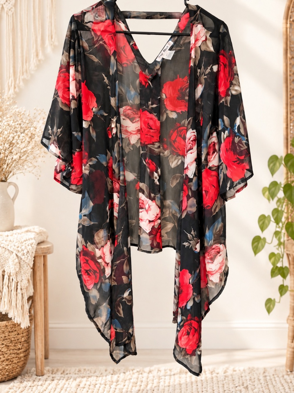 Y2K Black Sheer Floral Kimono with Red Rose Print